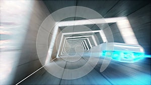 Futuristic flying car with woman fast driving in sci fi tunnel, coridor. Concept of future. Realistic 4k animation.