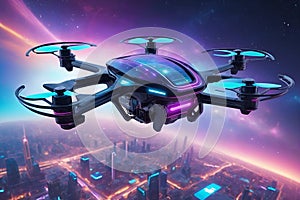 Futuristic flying drone in digital cybernetic galactic galaxy metaverse neon city world space universe photo