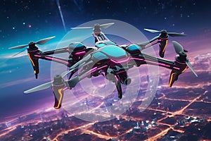 Futuristic flying drone in digital cybernetic galactic galaxy metaverse neon city world space universe photo