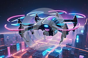Futuristic flying drone in digital cybernetic galactic galaxy metaverse neon city world space universe photo
