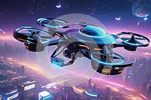 Futuristic flying drone in digital cybernetic galactic galaxy metaverse neon city world space universe photo