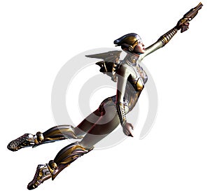 Futuristic flying girl, armed with gun, 3d illustration, golden suit and helmet