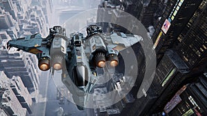 Futuristic flying military vehicle, massive spaceship hovering over New York City, industrial core, railguns, twin ion engines