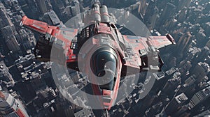 Futuristic flying military vehicle, massive spaceship hovering over New York City, industrial core, railguns, twin ion engines