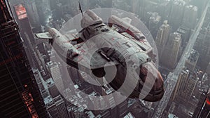 Futuristic flying military vehicle, massive spaceship hovering over New York City, industrial core, railguns, twin ion engines