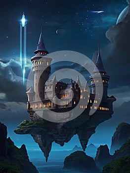 Futuristic flying ships in hovering in the night sky above a medieval castle in secrecy