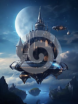 Futuristic flying ships in hovering in the night sky above a medieval castle in secrecy