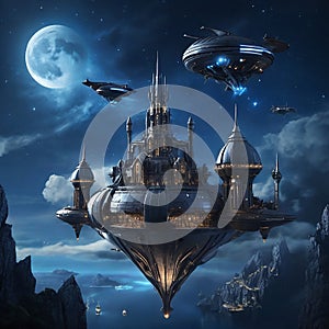 Futuristic flying ships in hovering in the night sky above a medieval castle in secrecy