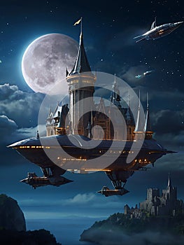 Futuristic flying ships in hovering in the night sky above a medieval castle in secrecy