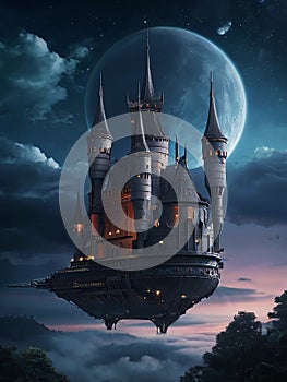 Futuristic flying ships in hovering in the night sky above a medieval castle in secrecy