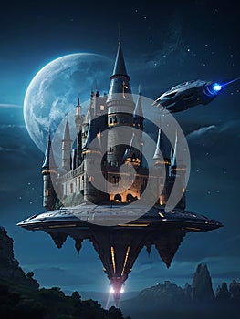 Futuristic flying ships in hovering in the night sky above a medieval castle in secrecy