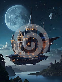 Futuristic flying ships in hovering in the night sky above a medieval castle in secrecy