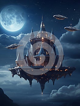 Futuristic flying ships in hovering in the night sky above a medieval castle in secrecy