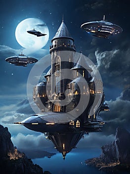 Futuristic flying ships in hovering in the night sky above a medieval castle in secrecy