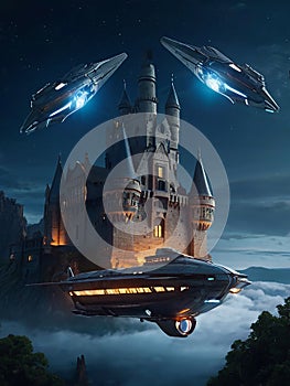 Futuristic flying ships in hovering in the night sky above a medieval castle in secrecy