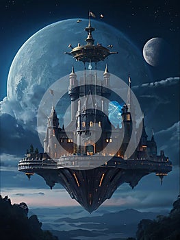 Futuristic flying ships in hovering in the night sky above a medieval castle in secrecy