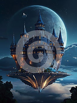 Futuristic flying ships in hovering in the night sky above a medieval castle in secrecy