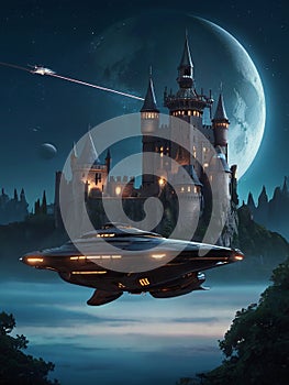 Futuristic flying ships in hovering in the night sky above a medieval castle in secrecy