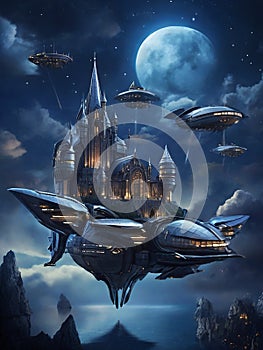 Futuristic flying ships in hovering in the night sky above a medieval castle in secrecy