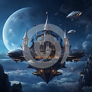 Futuristic flying ships in hovering in the night sky above a medieval castle in secrecy