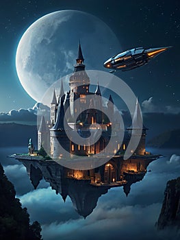 Futuristic flying ships in hovering in the night sky above a medieval castle in secrecy