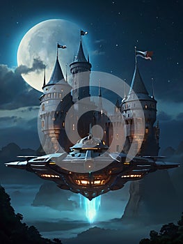 Futuristic flying ships in hovering in the night sky above a medieval castle in secrecy