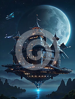 Futuristic flying ships in hovering in the night sky above a medieval castle in secrecy