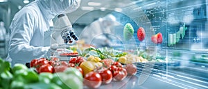 Futuristic food lab with advanced microscopes analyzing fresh produce