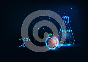 Futuristic food testing laboratory, biotechnology concept with glowing lab flask and apple
