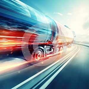 Futuristic fuel truck driving at high speed on a freeway on a colorful background