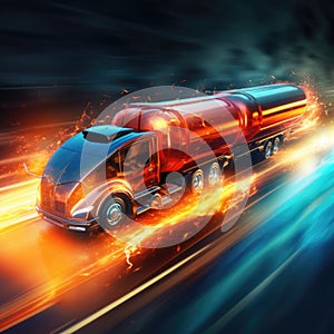 Futuristic fuel truck driving at high speed on a freeway on a colorful background