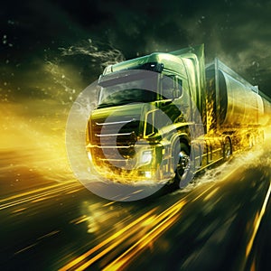 Futuristic fuel truck driving at high speed on a freeway on a colorful background