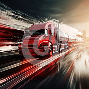 Futuristic fuel truck driving at high speed on a freeway on a colorful background