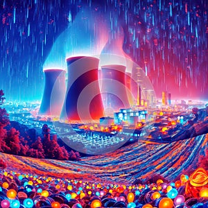 Futuristic Fun: Colorful Power Plant & Rain in a Playful World, generative ai