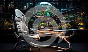 Futuristic furniture, office chair and desk, evening in an empty skyscraper office