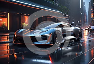 Futuristic future car concept, realistic science fiction, dark metal car on the road in the city,