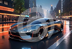 Futuristic future car concept, realistic science fiction, dark metal car on the road in the city,