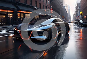 Futuristic future car concept, realistic science fiction, dark metal car on the road in the city,