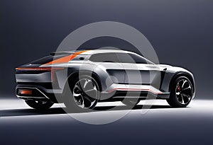 Futuristic future car concept, realistic science fiction, dark metal car on the road in the city,