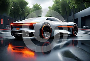 Futuristic future car concept, realistic science fiction, dark metal car on the road in the city,