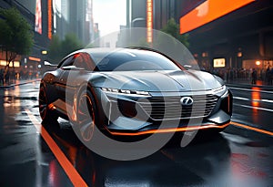 Futuristic future car concept, realistic science fiction, dark metal car on the road in the city,