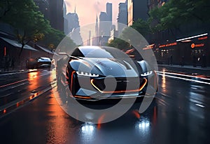 Futuristic future car concept, realistic science fiction, dark metal car on the road in the city,