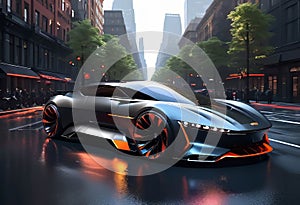 Futuristic future car concept, realistic science fiction, dark metal car on the road in the city,