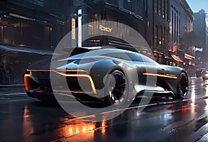 Futuristic future car concept, realistic science fiction, dark metal car on the road in the city,