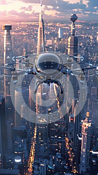 Futuristic future city with flying passenger drone, aerial view of flying drone