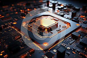 Futuristic future motherboard design with CPU socket, microchips, microprocessors, integrated circuits and connectors for