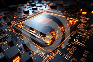 Futuristic future motherboard design with CPU socket, microchips, microprocessors, integrated circuits and connectors for