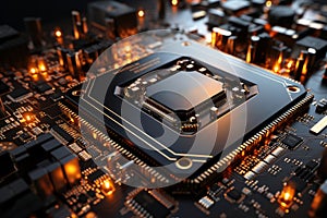 Futuristic future motherboard design with CPU socket, microchips, microprocessors, integrated circuits and connectors for