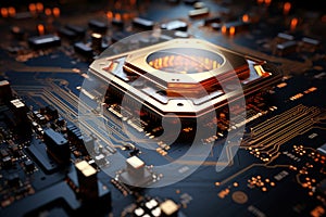 Futuristic future motherboard design with CPU socket, microchips, microprocessors, integrated circuits and connectors for
