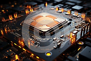 Futuristic future motherboard design with CPU socket, microchips, microprocessors, integrated circuits and connectors for